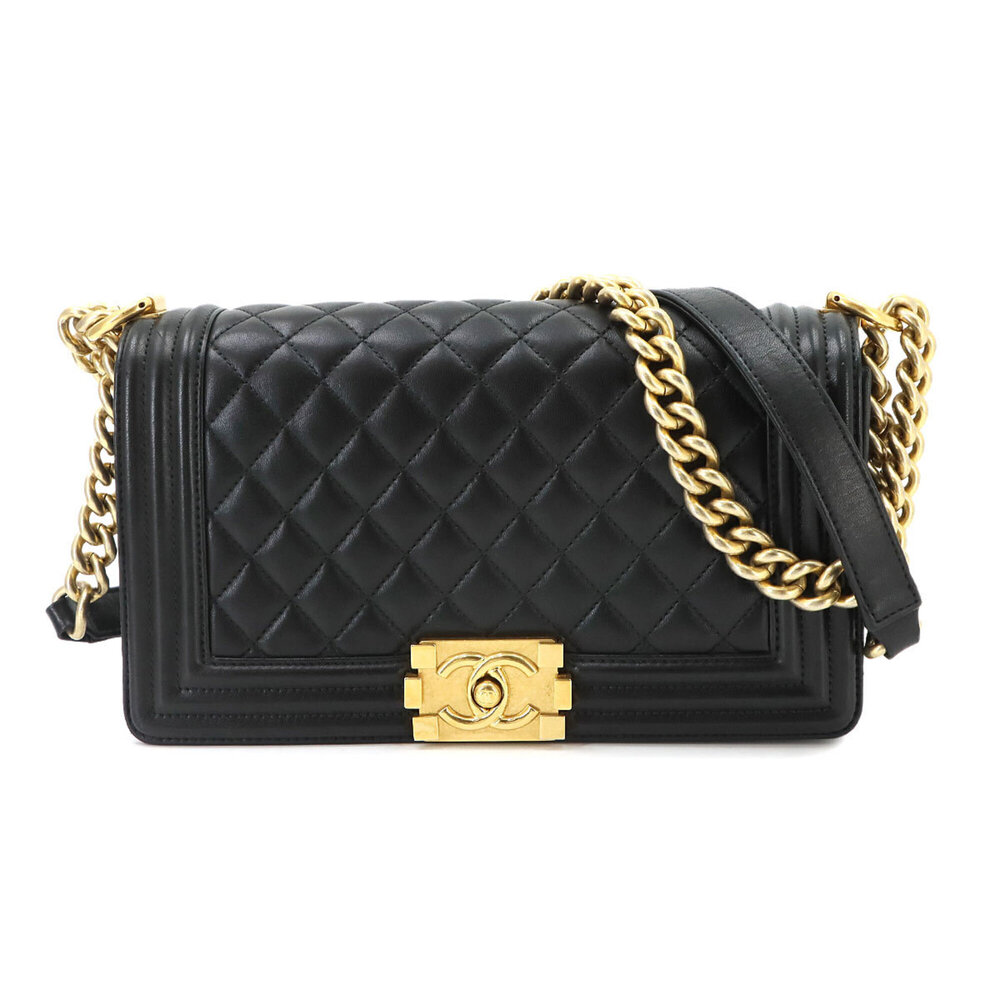 Chanel Boy Chain Shoulder Handbag, Lambskin, Black, A67086, Gold Hardware, BO...
